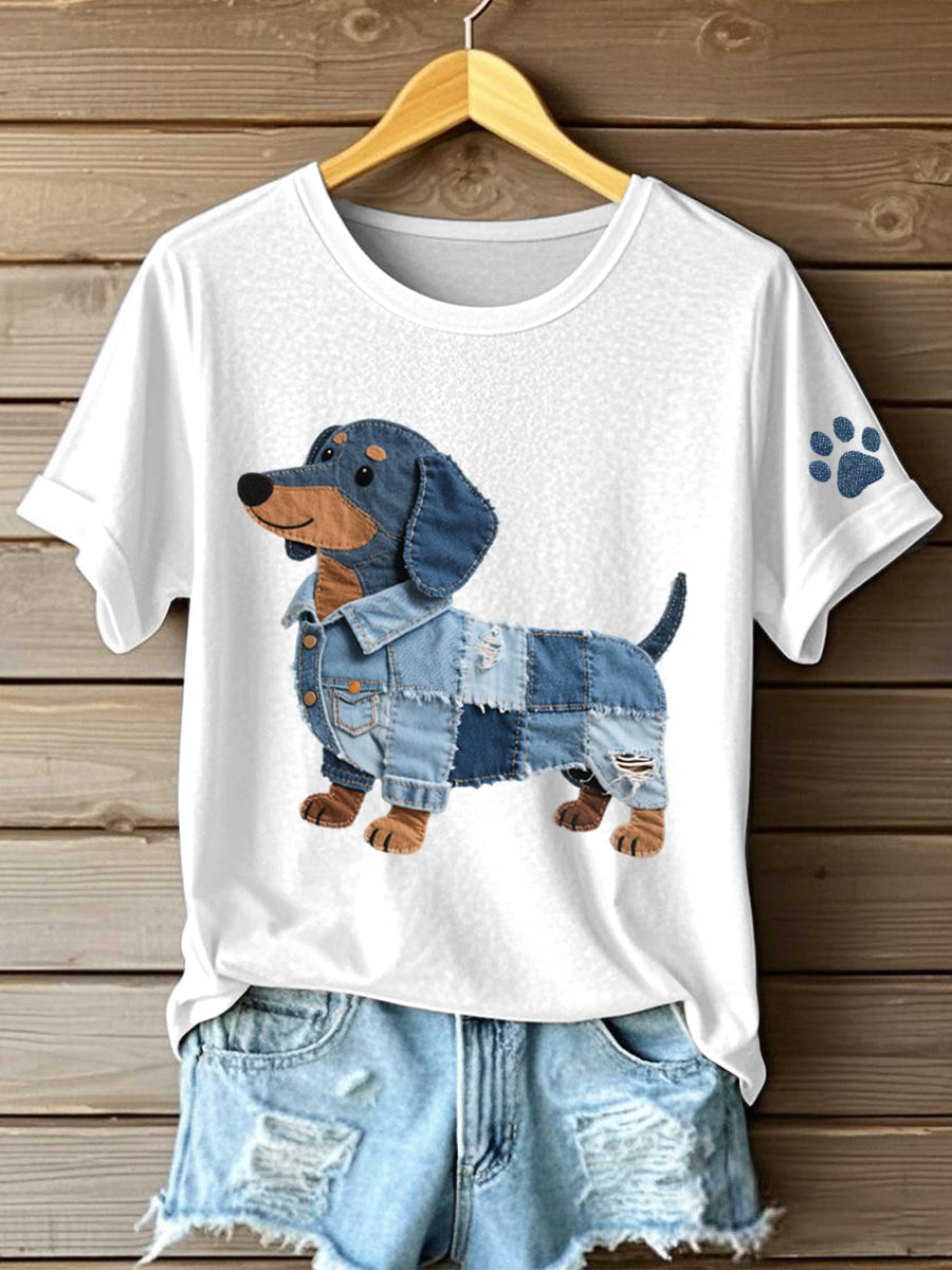 Ciela - Camiseta de arte patchwork de jeans para damas con patrón de dachshund