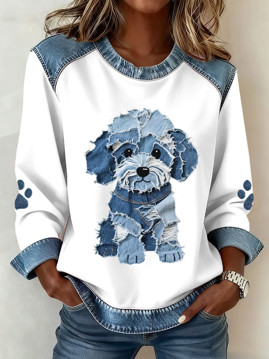 Luz - Sudadera de dames con motivo de patchwork y estampado de denim de un perro peludo