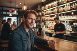 Hazme un hombre de 30 años con el pelo rubio y que este en un bar de fondo