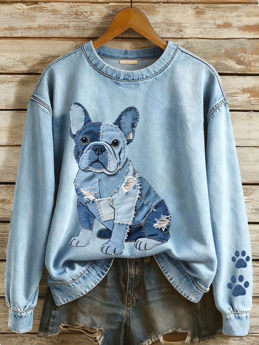 Nina - Sudadera de mujer con patchwork de mezclilla en estilo bulldog francés