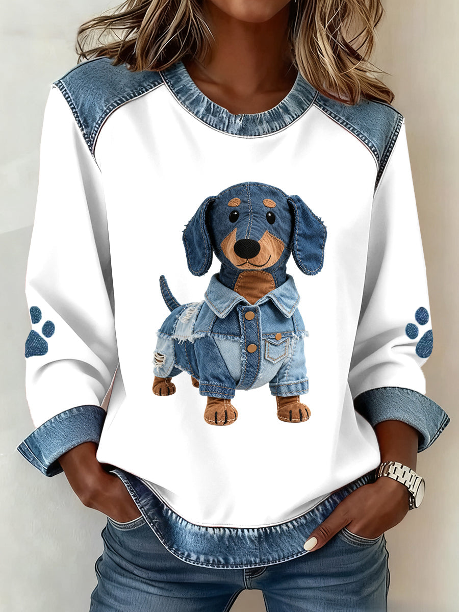 Reina - Sudadera con capucha para damas con diseño de patchwork de jeans para dachshunds