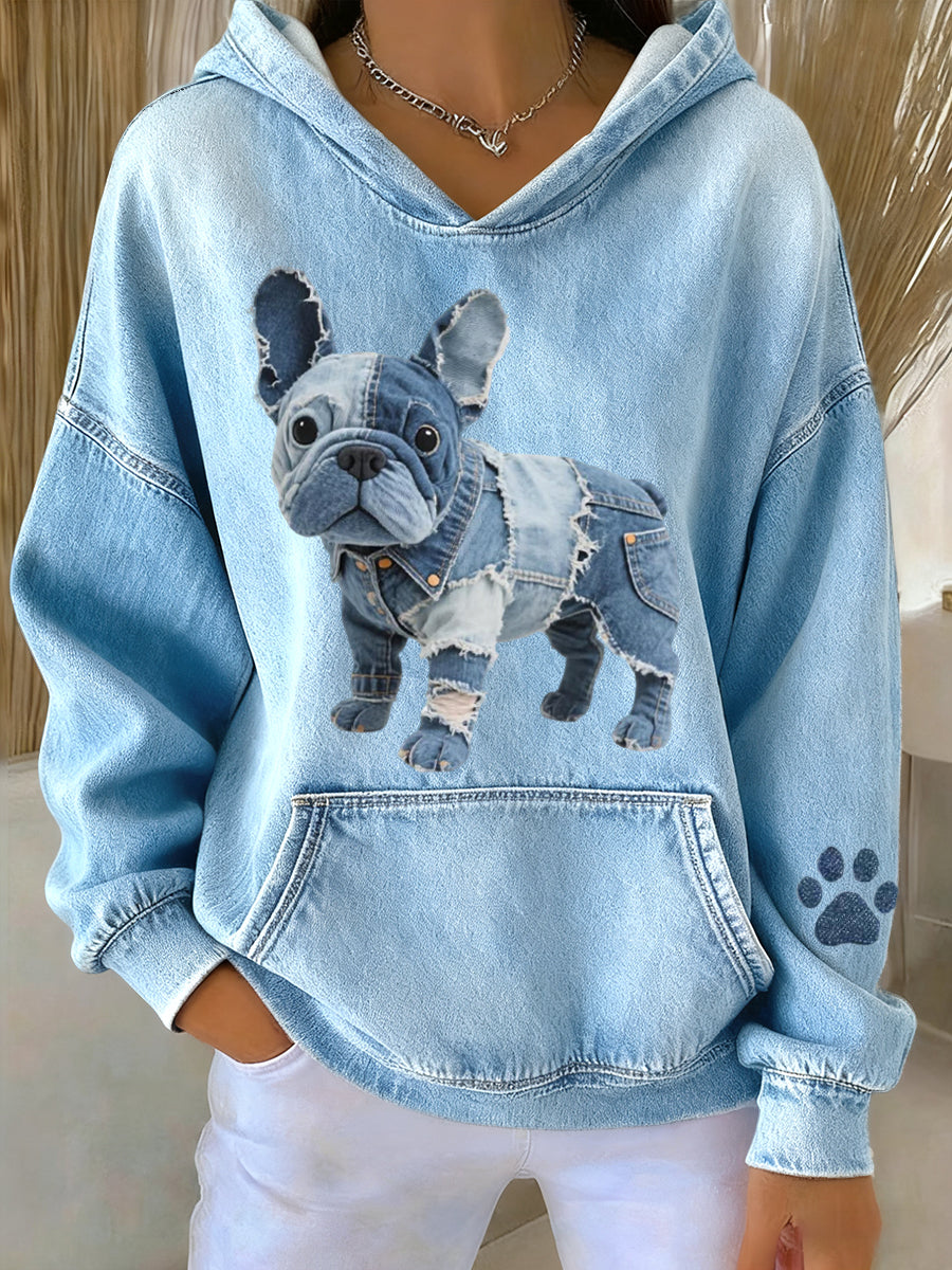 Blanca - Sudadera con capucha de Bulldog Francés a rayas con parche de denim para mujeres
